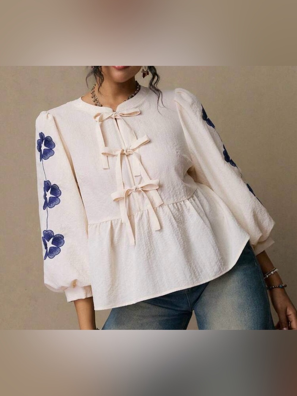 Cream Peplum Tie-Front Blouse with Blue Floral Sleeves